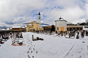 neve, cimitero, chiesa, campanile, bianco, tombe, orme