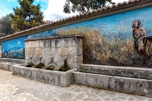 murales, fontana, alberi, muro, acqua, lavatoio, fontane