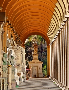 colonne, statue, archi, portico, statua, ombre, prospettiva, busti, monumento, verde, sculture, giallo, cimitero