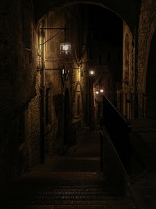 vicolo, lampioni, notte, luci, notturno, gradini, arco, scale, scala