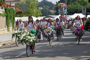fiori, donne, biciclette, palloncini, strada, bicicletta