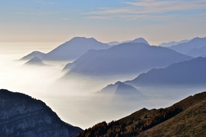 nebbia, montagne, panorama, nuvole, cielo, alberi, foschia