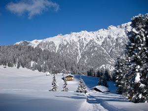neve, alberi, montagna, inverno, montagne, cielo, case, bosco, bianco, nuvole, paesaggio, azzurro, casa, baite, panorama