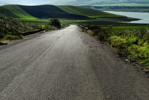 strada, verde, colline, lago, asfalto, acqua, fiume, erba