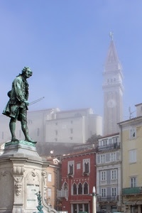 statua, campanile, nebbia, palazzi, finestre, monumento, venezia, cielo, rosso