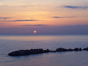mare, tramonto, sole, scogli, cielo, nuvole