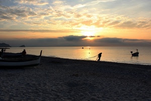 tramonto, mare, barche, spiaggia, nuvole, sole, sabbia