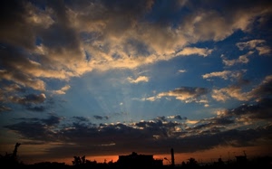 nuvole, cielo, tramonto, raggi, silhouette, azzurro, rosso, controluce, sole