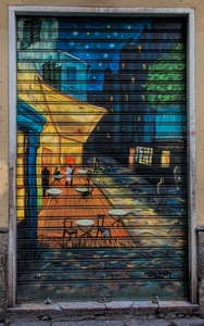 serranda, sedie, murales, tavoli, tavolini, murale, colori, saracinesca, dipinto, porta, chiusa, disegno
