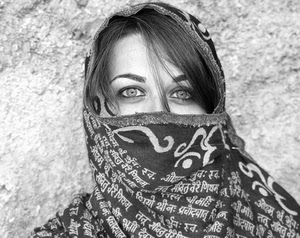 occhi, capelli, bianconero, donna, velo, foulard, sguardo