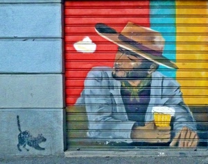 serranda, gatto, cappello, disegno, birra, bicchiere, colori