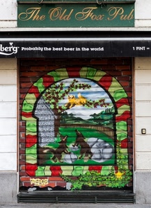 serranda, insegna, negozio, pub, dipinto, verde, colori, murales, serrande, disegno