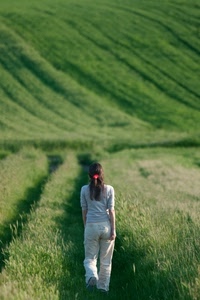 verde, donna, capelli, ragazza, campo, camminare, erba, pantaloni, campi, campagna, filari, bianco, coltura, solitudine, piante