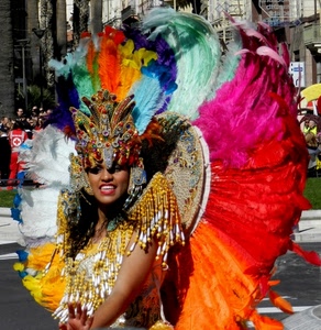 carnevale, piume, donna, colori, costume, maschera, brasiliana, rosso, multicolore