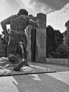 statua, monumento, alberi, bianconero, cielo, nuvole, gigante
