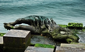 acqua, statua, mare, donna, monumento, verde, muschio, bronzo, scultura, alghe, banchina, pietre, venezia, cubo