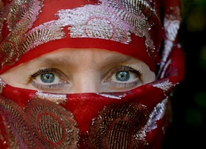 occhi, rosso, velo, donna, sguardo, ciglia, ricami, azzurro, due, foulard