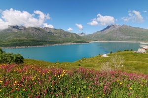 nuvole, lago, fiori, cielo, montagne, verde, acqua, montagna, azzurro, prato, casa, erba, panorama, giallo, bianco, rosa