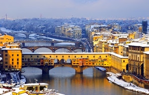 neve, ponti, fiume, arno, firenze, inverno, case, panorama, ponte, finestre, città, vecchio, tetti, acqua, archi, riflessi, alberi, palazzi, cielo