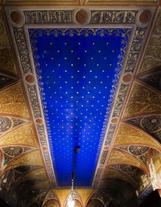 soffitto, blu, stelle, affresco, lampadario, oro, azzurro, volta, cornice
