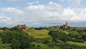 alberi, verde, nuvole, cielo, panorama, castelli, castello, ruderi, torre, paesaggio, collina, campagna, merli