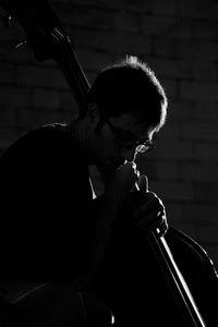 musicista, bianconero, controluce, occhiali, mani, contrabbasso, suonare, musica, strumento, violoncello