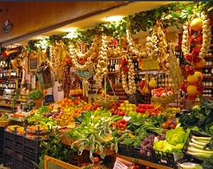 verdura, aglio, frutta, giallo, pomodori, rosso, verde, cassette, ortaggi, colori, insalata, mercato, arance, negozio, mele, verdure, bancarella, porri, trecce, cibo, ceste, cipolle