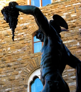 statua, finestre, testa, firenze, palazzo, bronzo, perseo, scultura, mattoni, braccio, viso