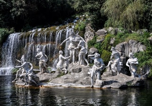statue, acqua, cascata, fontana, alberi, ninfe, rocce, verde