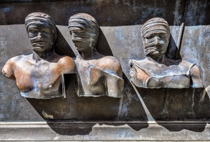 tre, busti, bende, bronzo, statue, ombre, ombra, scultura