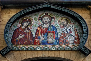 mosaico, tre, santi, cristo, colori, mani, madonna, chiesa