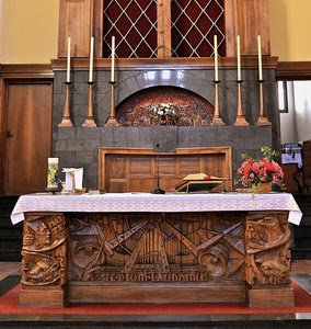 altare, candele, fiori, legno, chiesa, libro, candelabri, finestra, messale