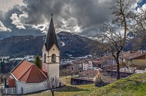 chiesa, nuvole, campanile, albero, montagna, montagne, panorama, paese, paesaggio