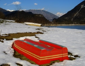neve, barca, inverno, lago, montagna, rosso, rossa