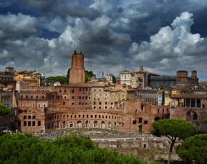 nuvole, cielo, ruderi, alberi, finestre, roma, palazzi, chiese, archi, torre, verde, maltempo, archeologia, colonne, rovine, chiesa
