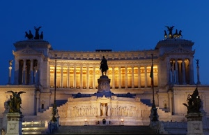 colonne, statue, monumento, luci, altare, sculture, roma, patria, sera, cavalli, scale, architettura, cielo, blu, scalini, notturno