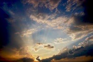 nuvole, cielo, raggi, tramonto, sole, arancione, controluce