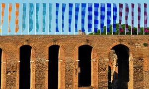 archi, bandiere, colori, mattoni, porte, stendardi, blu, muro
