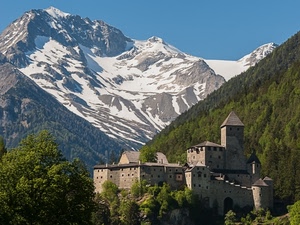 castello, neve, montagna, alberi, montagne, verde, panorama, cielo, torre, torri