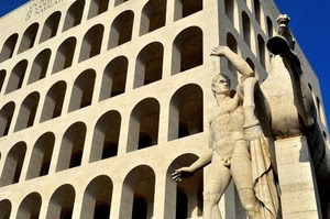 archi, palazzo, statua, marmo, architettura, nudo, roma, cavallo, azzurro, cielo, civiltà, eur, colonne, bianco, scultura, finestre, italiana, ombre