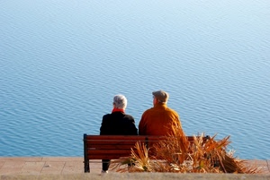 panchina, mare, acqua, anziani, coppia, due, piante, azzurro, donna, uomo, persone, cappello, vecchi
