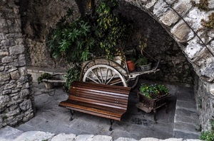 panchina, arco, piante, ruota, carretto, legno, verde, vasi, pietre, carro, pietra, foglie