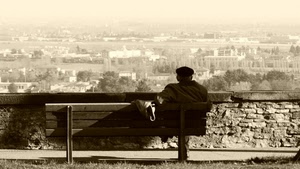 panchina, panorama, uomo, seppia, seduto, muro, coppola, paesaggio, anziano, persona