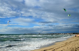 onde, spiaggia, nuvole, mare, sabbia, cielo, azzurro, volare, aquiloni, vento, sport, parapendio, verde, orme, bianco, schiuma, panorama, paesaggio, persone