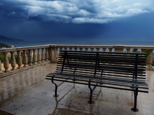 panchina, nuvole, mare, balaustra, pioggia, maltempo, terrazza, cielo, acqua, bagnato
