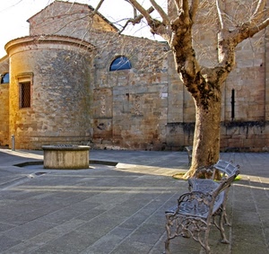 pozzo, panchina, albero, piazza, chiesa, rami, tronco, finestre, finestra