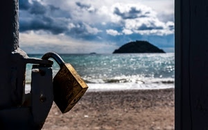 mare, lucchetto, nuvole, spiaggia, cielo, isola, sabbia, acqua, onde, metallo, cancello, riflessi, isolotto, ferro