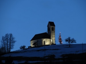chiesa, neve, campanile, alberi, luci, natale, albero, sera, azzurro, luce