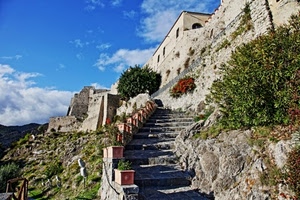 scalinata, scala, piante, gradini, cielo, vasi, fiori, scale, nuvole, mura, castello