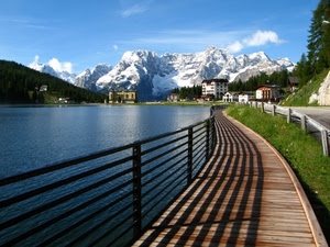 lago, montagna, montagne, acqua, ombra, lungolago, panorama, passerella, ringhiera, neve, case